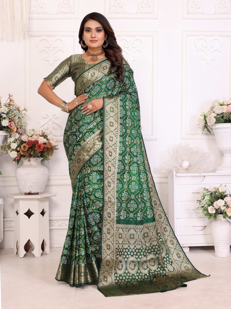 Anaita Dark Green Soft Satin Silk Bandhej Print Saree With Kanchi Zari Weaving Border