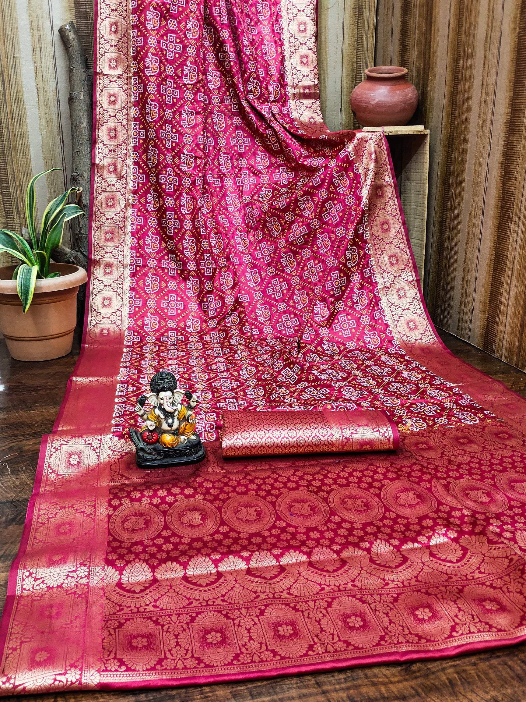 Anaita Dark Red Soft Satin Silk Bandhej Print Saree With Kanchi Zari Weaving Border