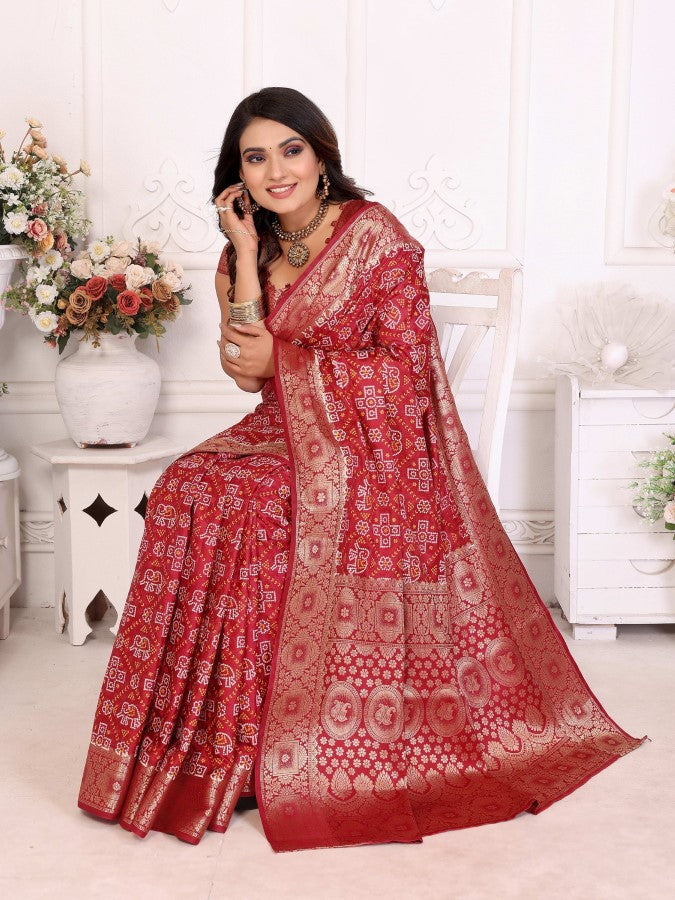 Anaita Dark Red Soft Satin Silk Bandhej Print Saree With Kanchi Zari Weaving Border