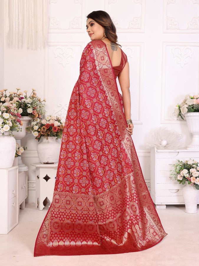 Anaita Dark Red Soft Satin Silk Bandhej Print Saree With Kanchi Zari Weaving Border