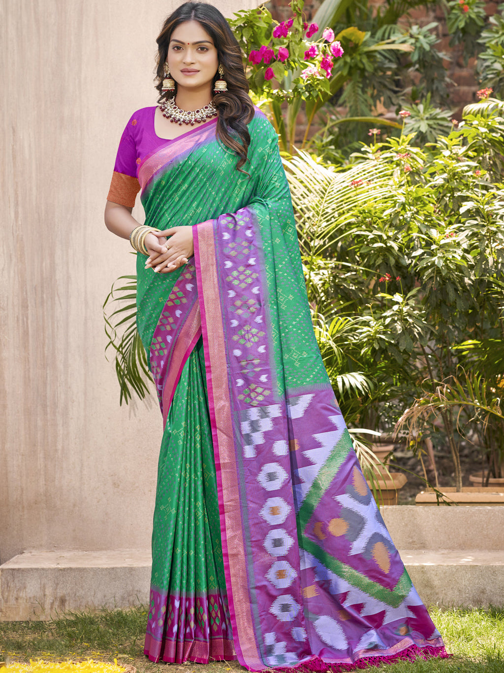 Anaita D Green Pochampally Silk Saree With Floral Printed Work With Blouse