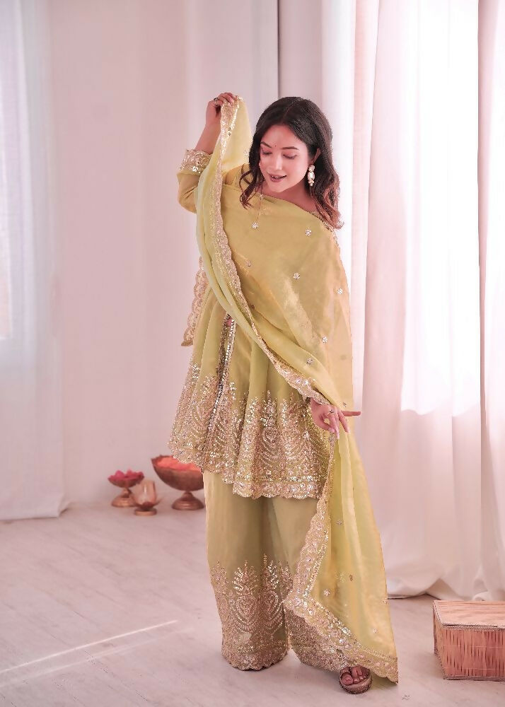Teeya Creation Pista Color Fendy Satin Silk Embroidery Work Party Wear Salwar Suit