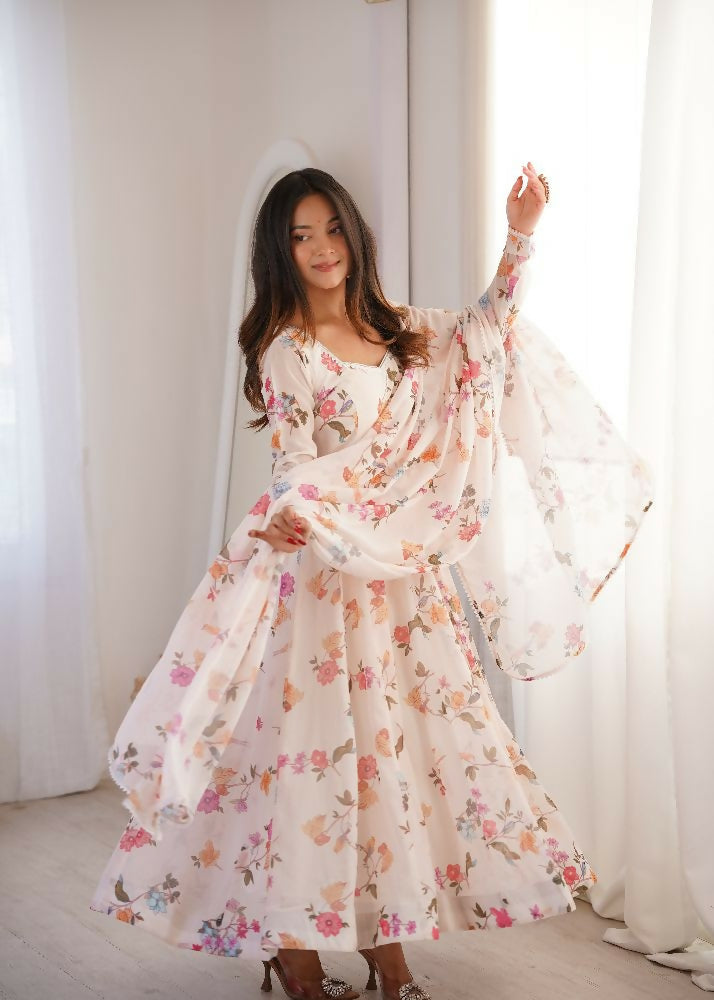 Teeya Creation Cream Faux Georgette Digital Print Party Wear Long Gown