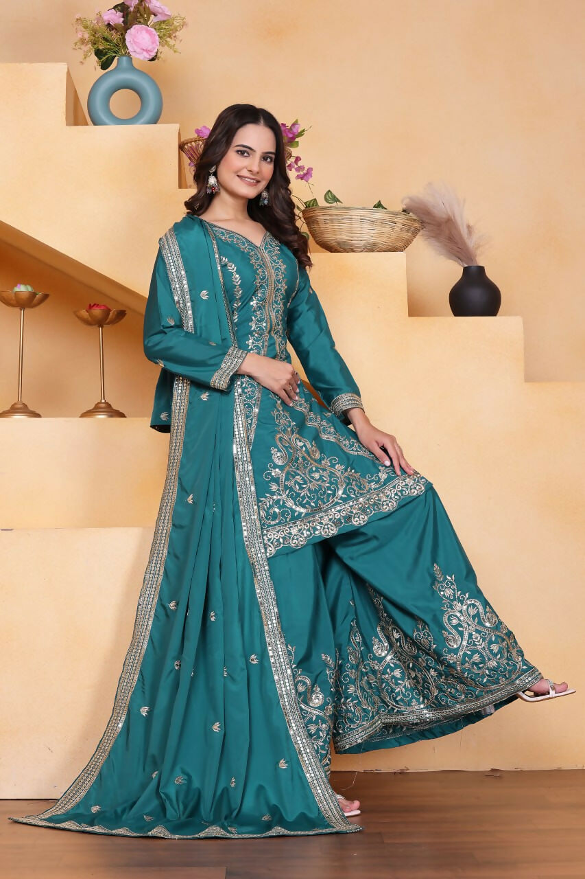 Teeya Creation Teal Color Natural Crepe Silk Wedding Wear Trending Palazzo Set