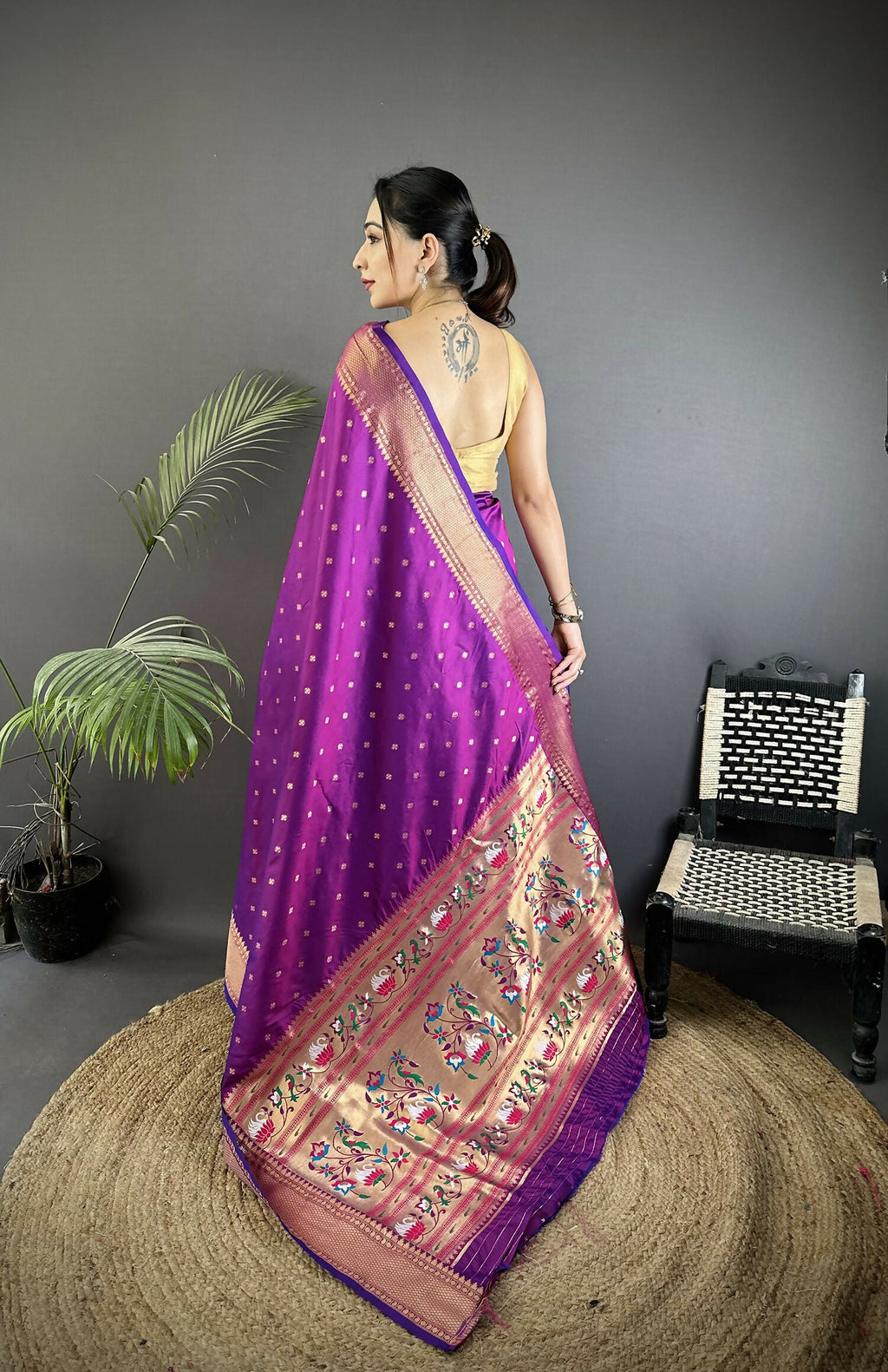 Joban Fashion Purple Butti Woven Soft Lichi Silk Paithani Saree