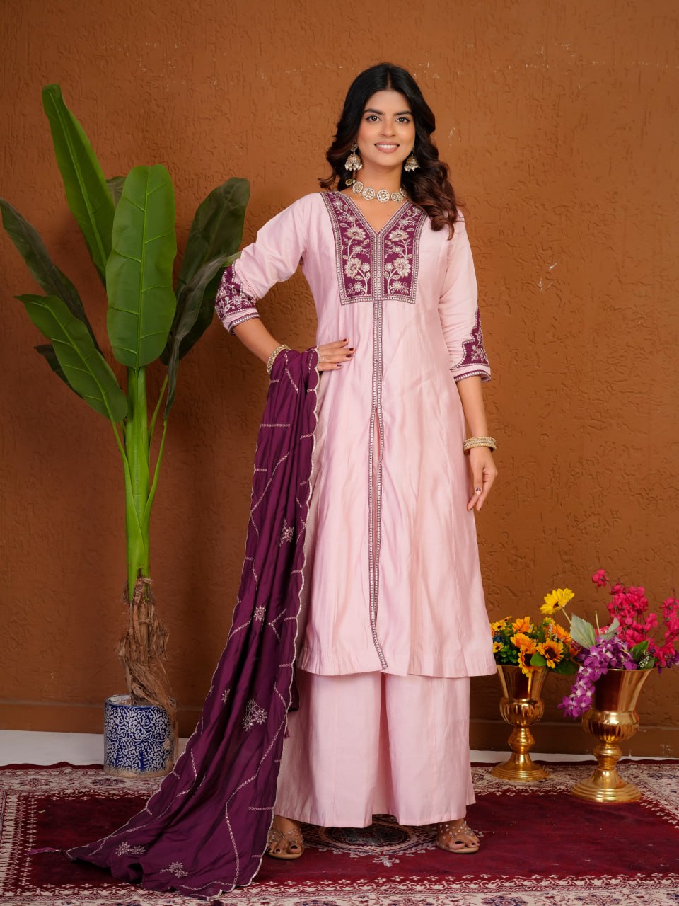 Lehenga Mart Designer Anarkali Suit With Kurta Palazzo Dupatta For Women-Baby Pink