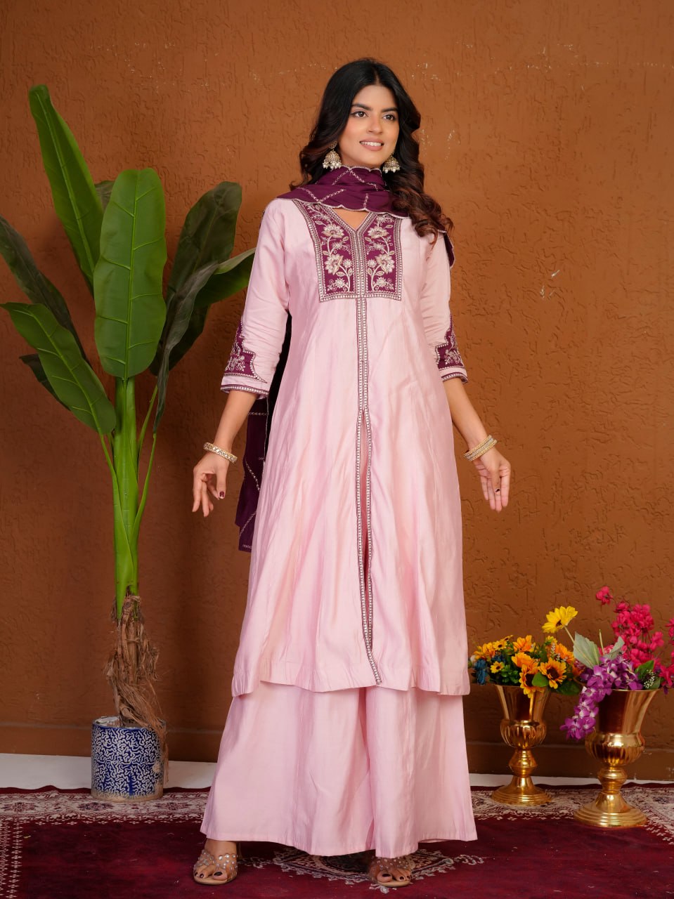 Lehenga Mart Designer Anarkali Suit With Kurta Palazzo Dupatta For Women-Baby Pink