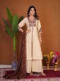 Lehenga Mart Designer Anarkali Suit With Kurta Palazzo Dupatta For Women-Cream