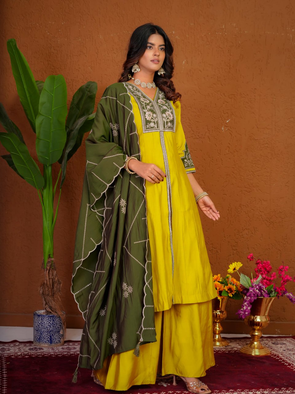 Lehenga Mart Designer Anarkali Suit With Kurta Palazzo Dupatta For Women-Mustard Yellow