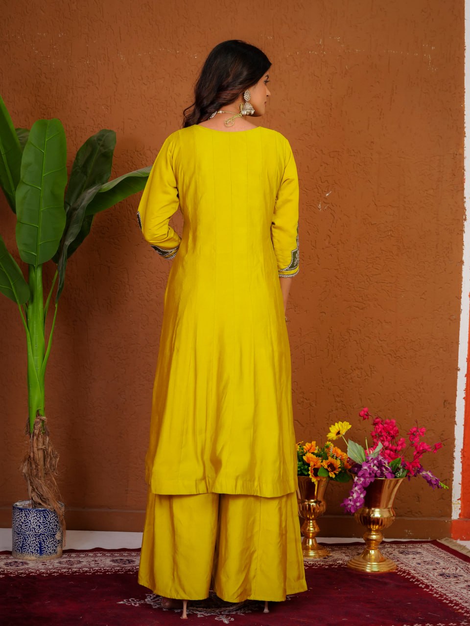 Lehenga Mart Designer Anarkali Suit With Kurta Palazzo Dupatta For Women-Mustard Yellow