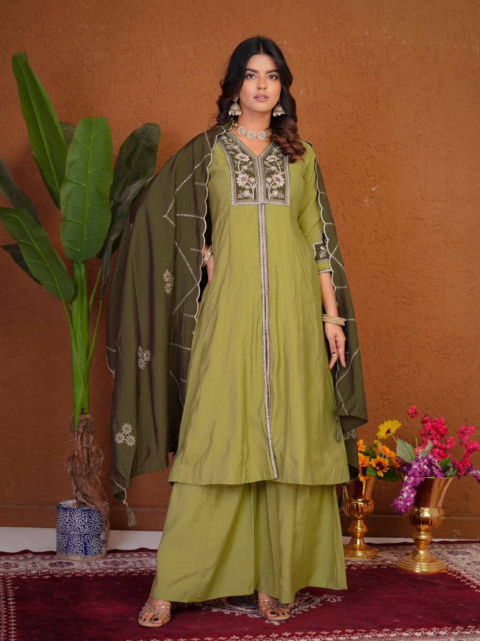 Lehenga Mart Designer Anarkali Suit With Kurta Palazzo Dupatta For Women-Olive Green