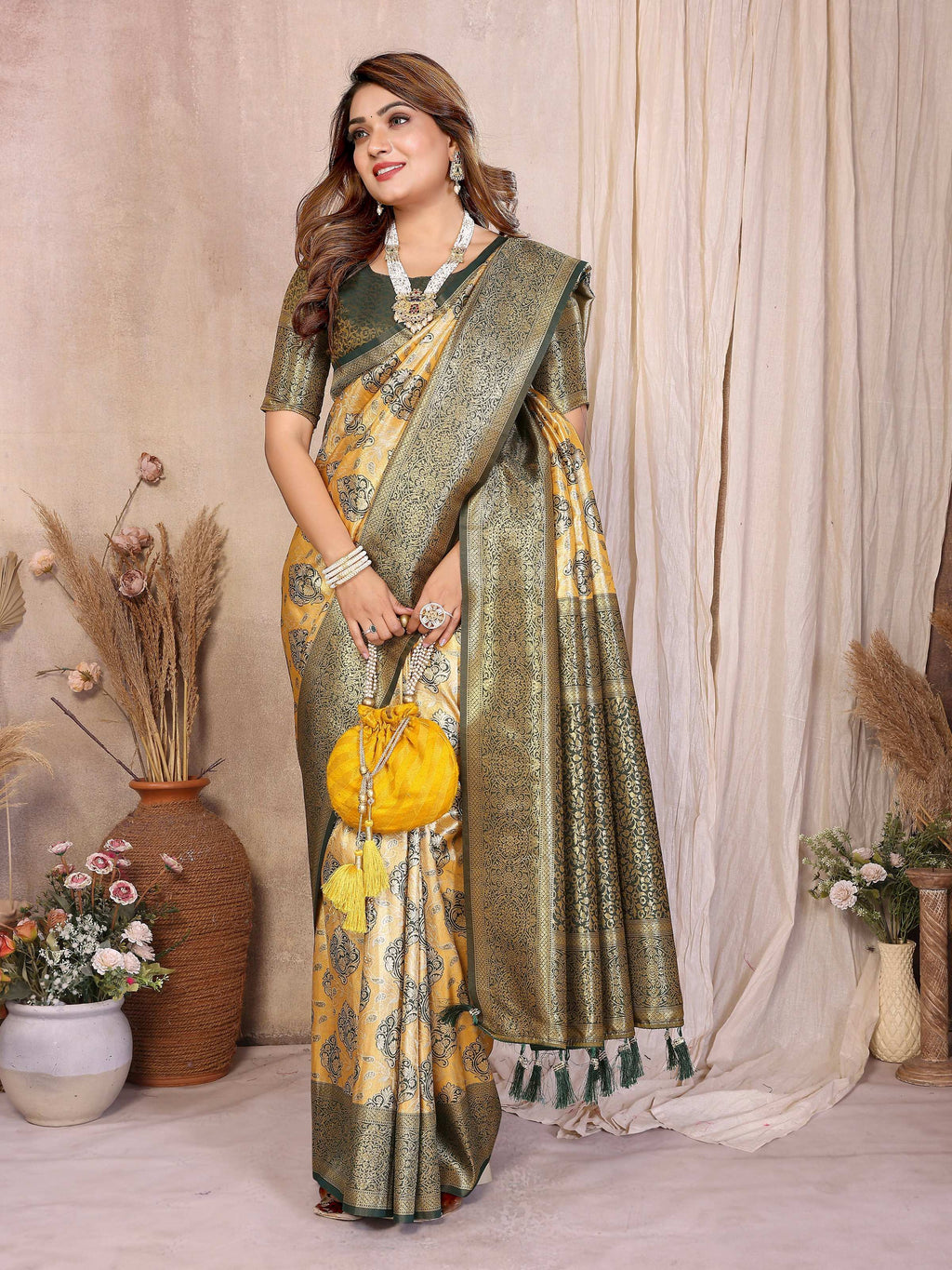 Aastha Fashion Mustard Banarasi Tissue Silk Weaving Saree