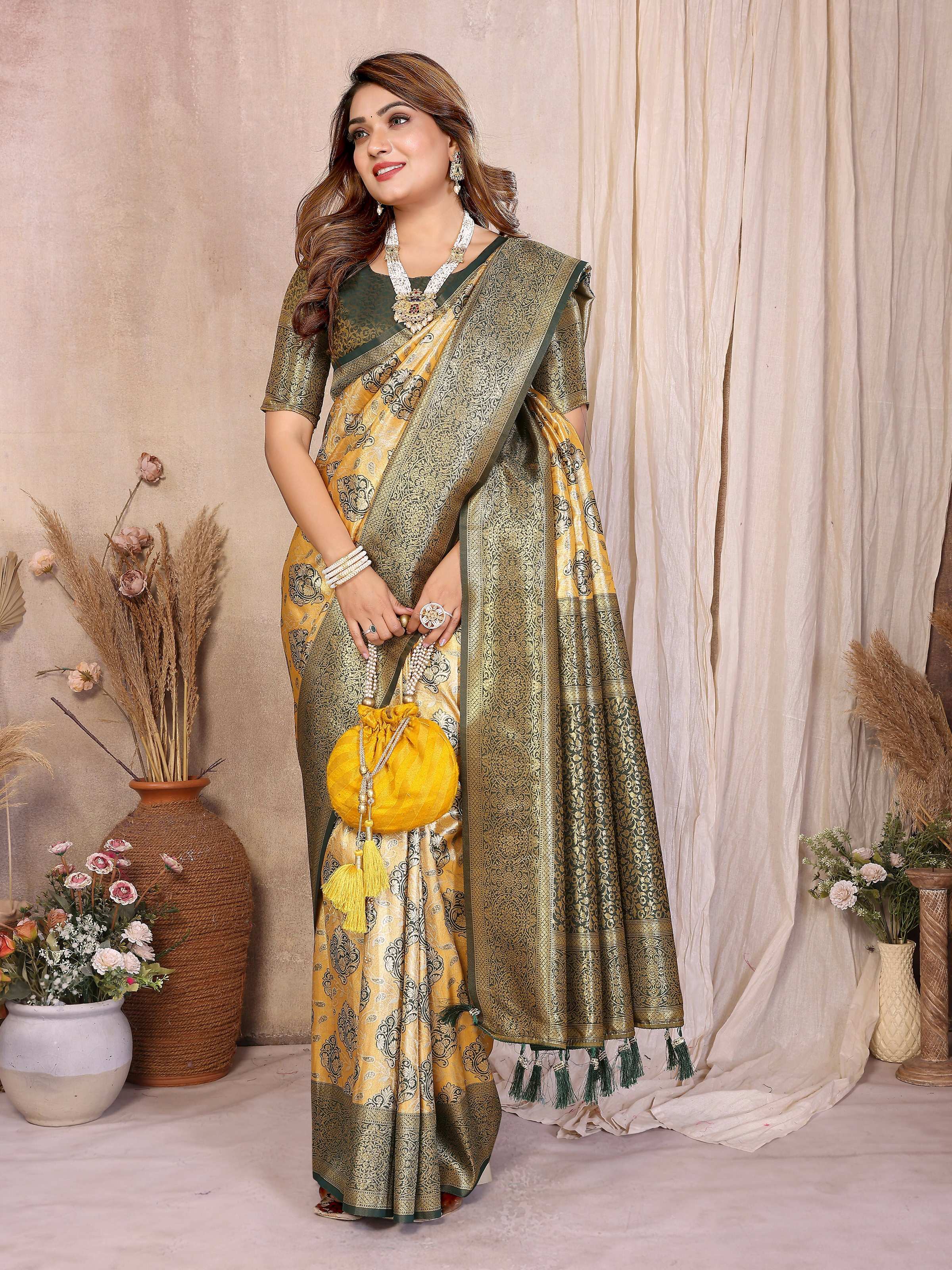 Aastha Fashion Mustard Banarasi Tissue Silk Weaving Saree