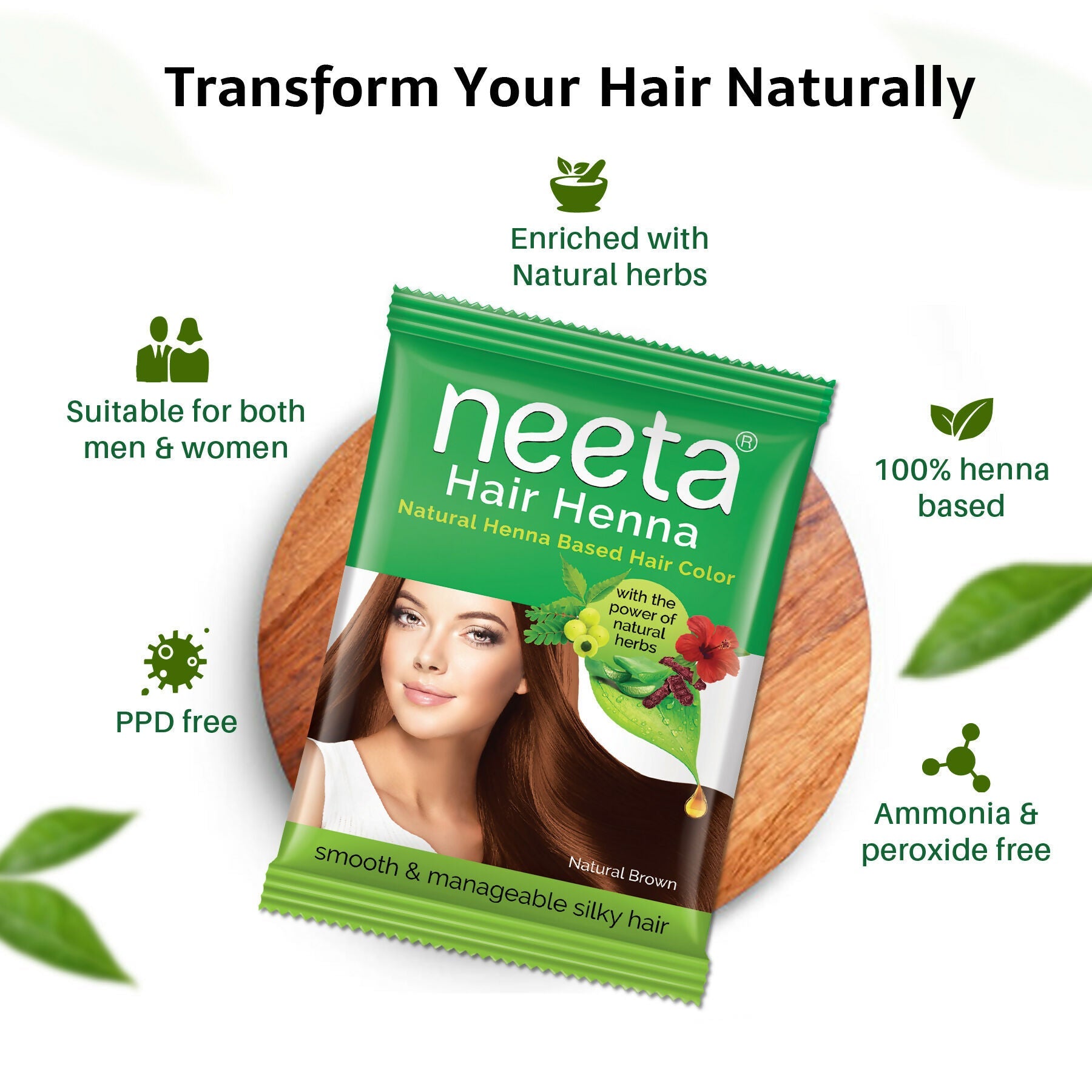 Neeta Henna Powder for Hair, Henna-Based Hair Color Natural Brown (Pack of 6)