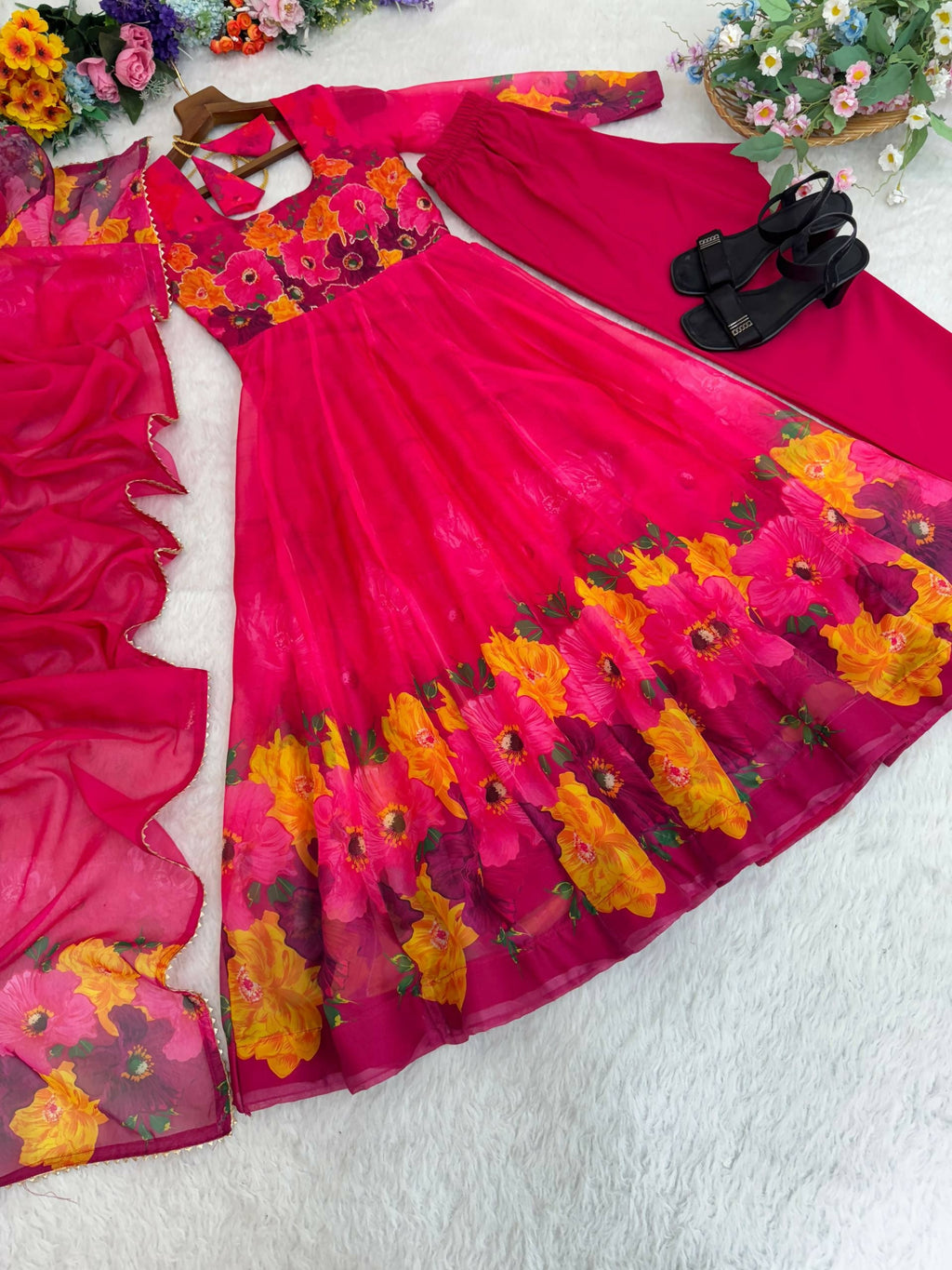 Teeya Creation Womens New Organza Soft Taby Silk Heavy Quality Fabric With Digital Print Pink Gown Set