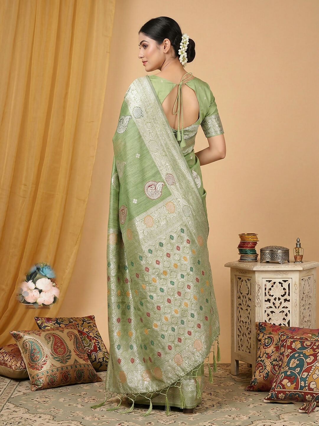 Shree Shyam Fashion Light Green Linen Cotton Saree