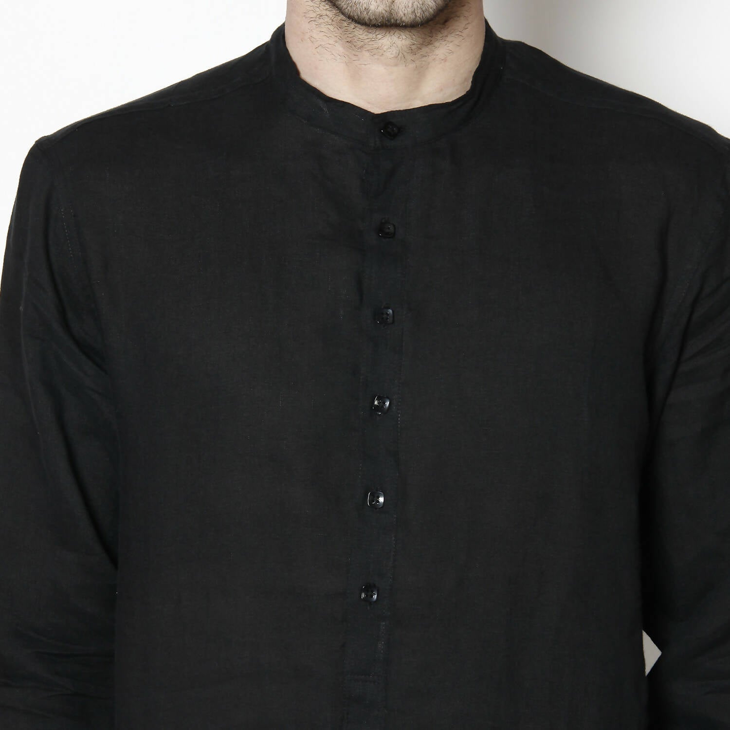 Even Apparels Black Linen Linen Men's Kurta With Band Collar