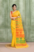 Piyari Fashion Women's Yellow Embellished Cotton Blend Jamdani Saree