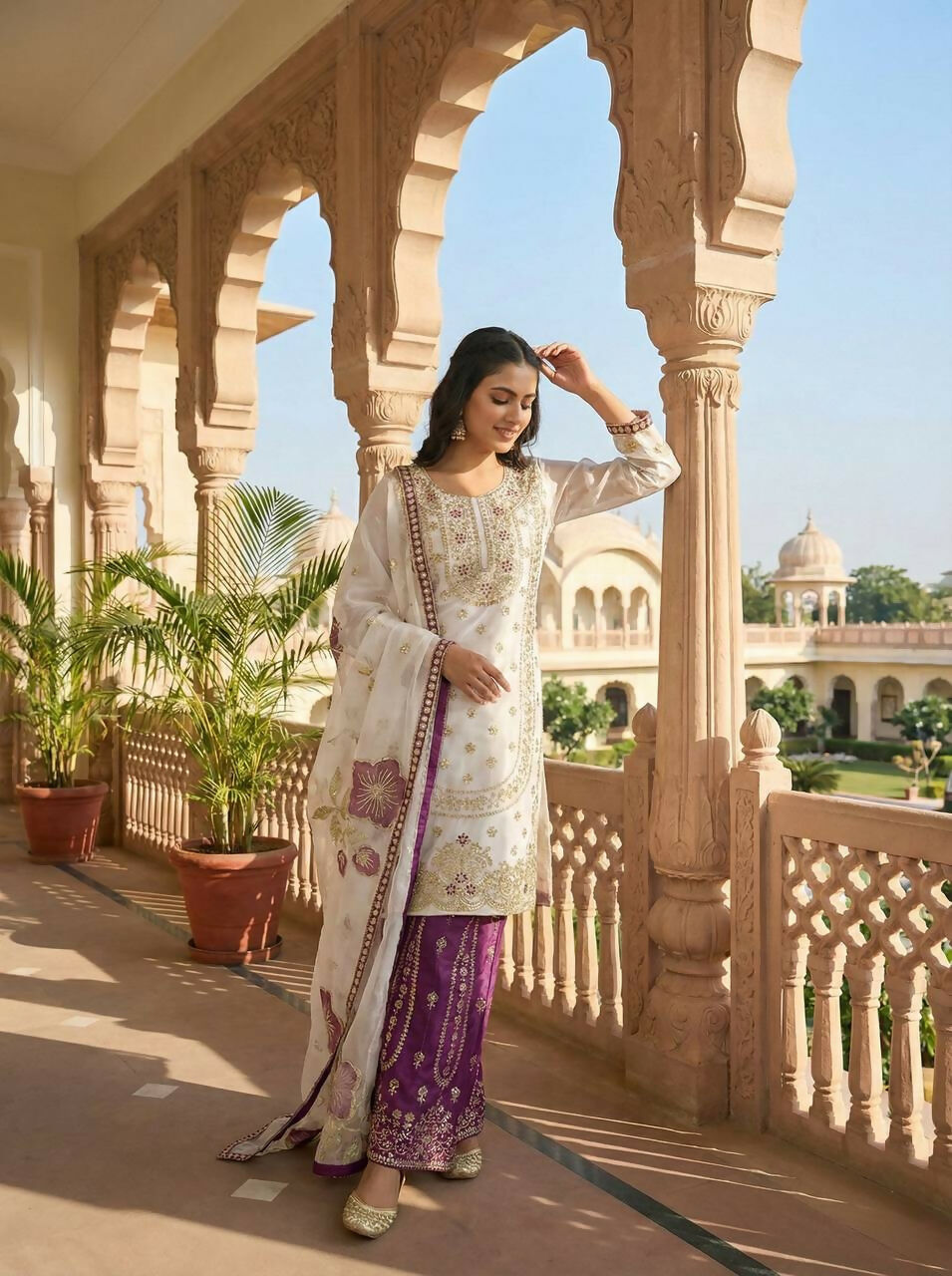 Teeya Creation Wine Gimmy Silk Designer Embroidery Work Wedding Wear Palazzo Pair