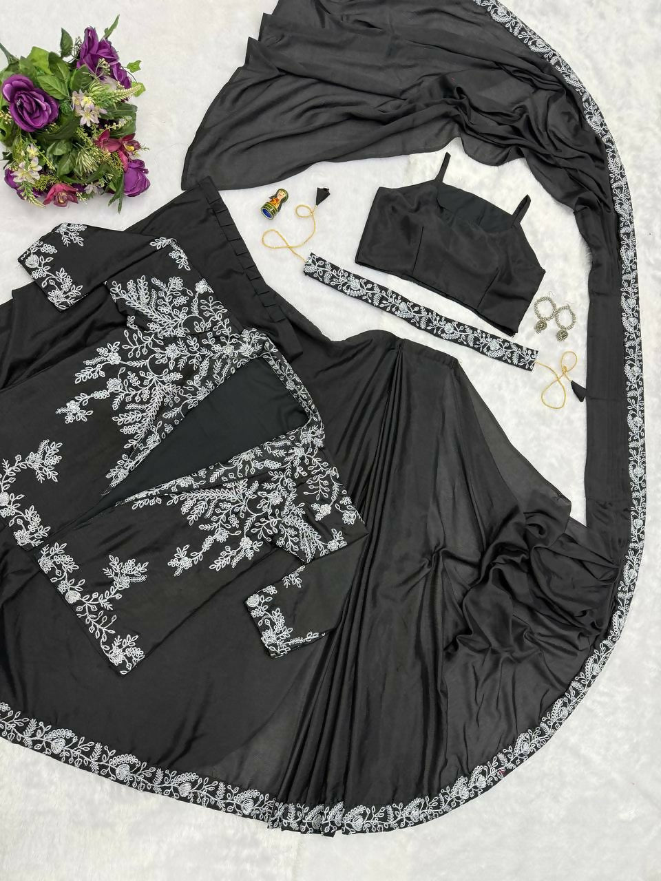 Teeya Creation Black Color Chinon Silk Wedding Wear Ready To Wear Saree With Koti