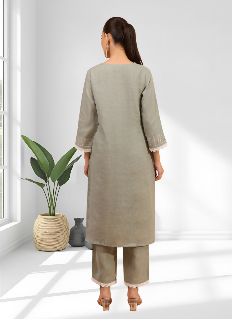 Joban Fashion Gray Linen Embroidered Readymade Long Kurta With Pant