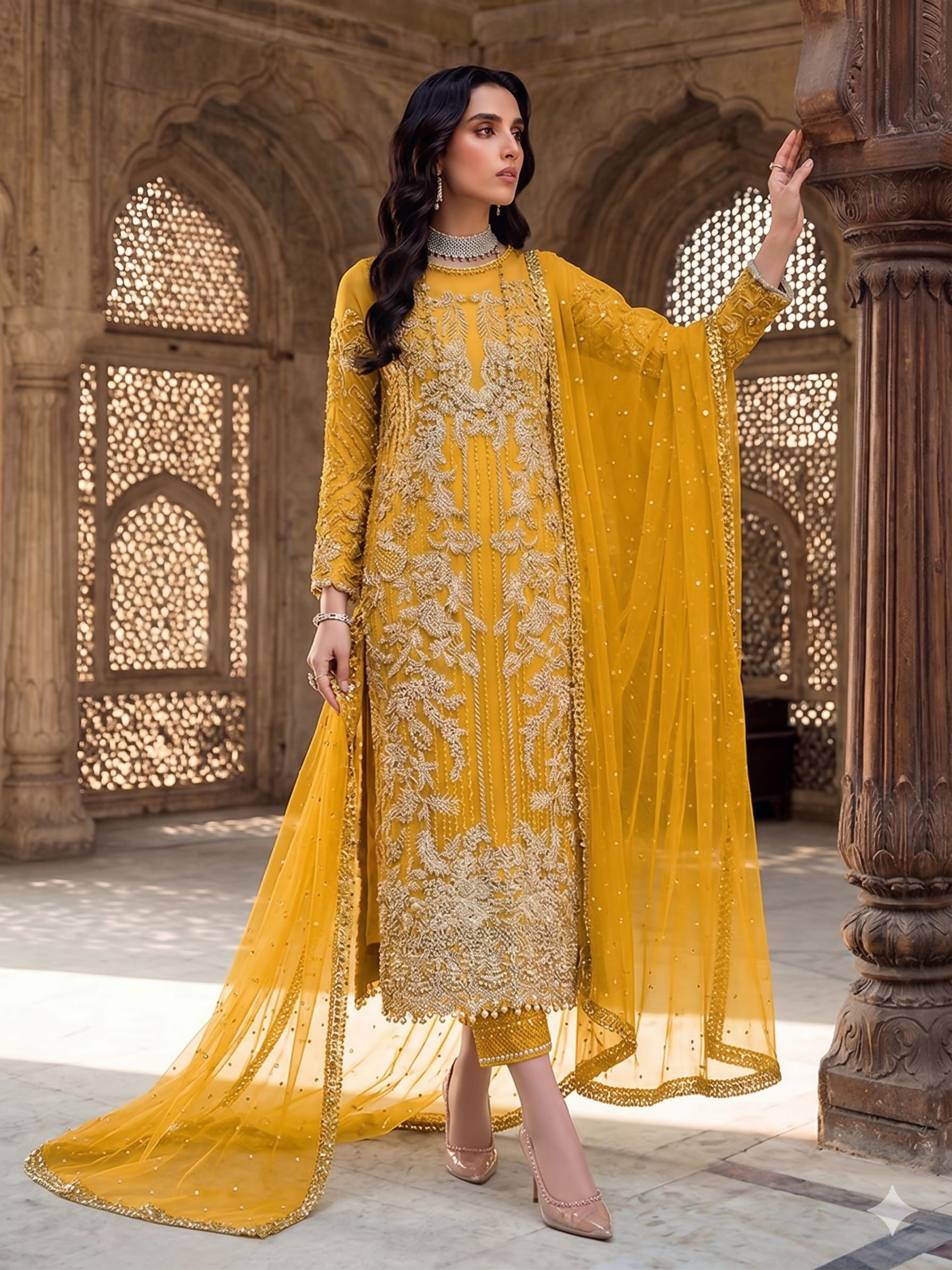 Teeya Creation Womens New Soft Net With Heavy Embroiedery With Sequence Work Yellow Kurta Set