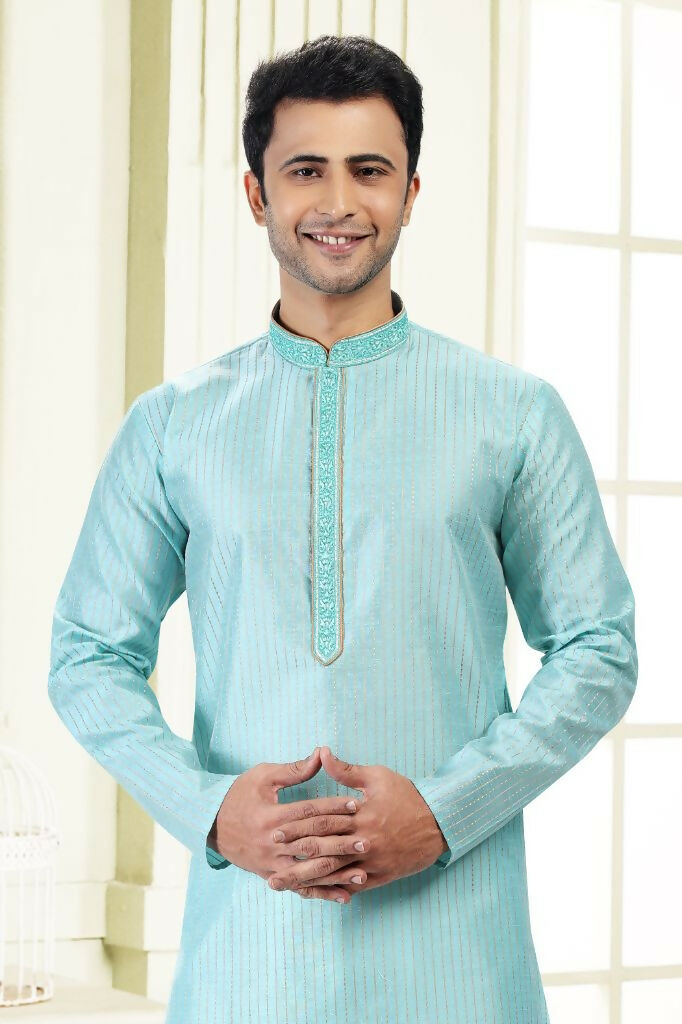 Raivat Ethnic Jacquard Art Silk Thread Work Kurta Pajama In Sky Blue Colour