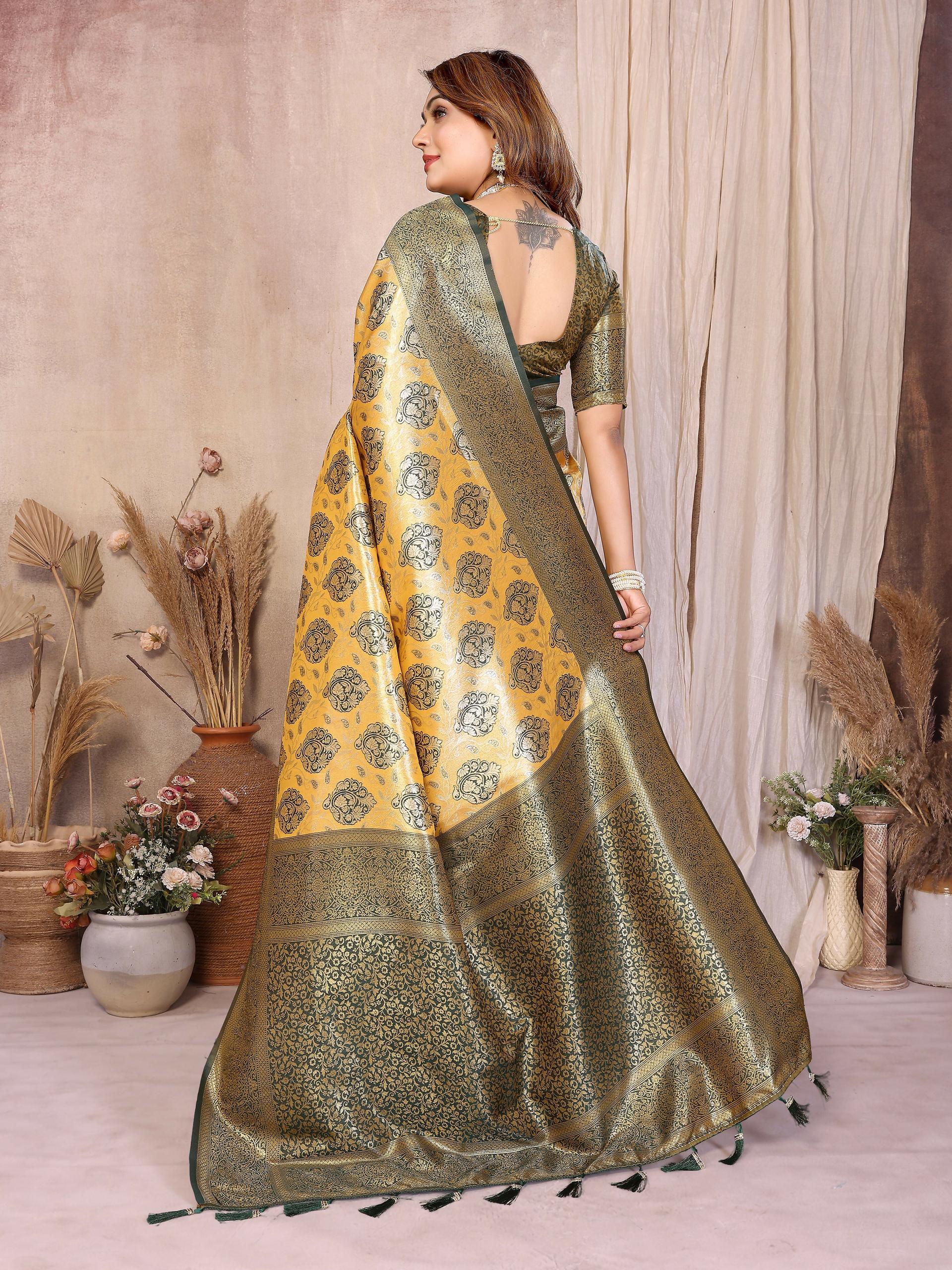 Aastha Fashion Mustard Banarasi Tissue Silk Weaving Saree