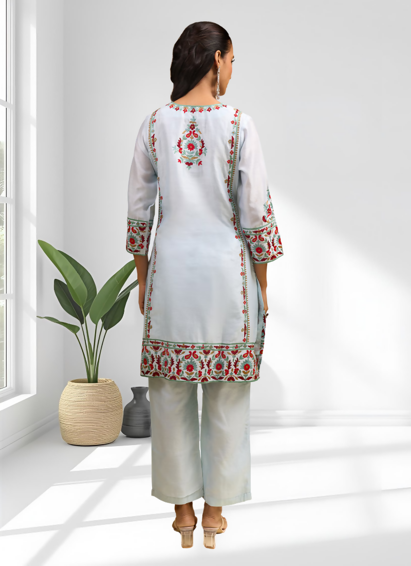 Joban Fashion Sky Blue Silk Embroidered Readymade Long Kurta With Pant