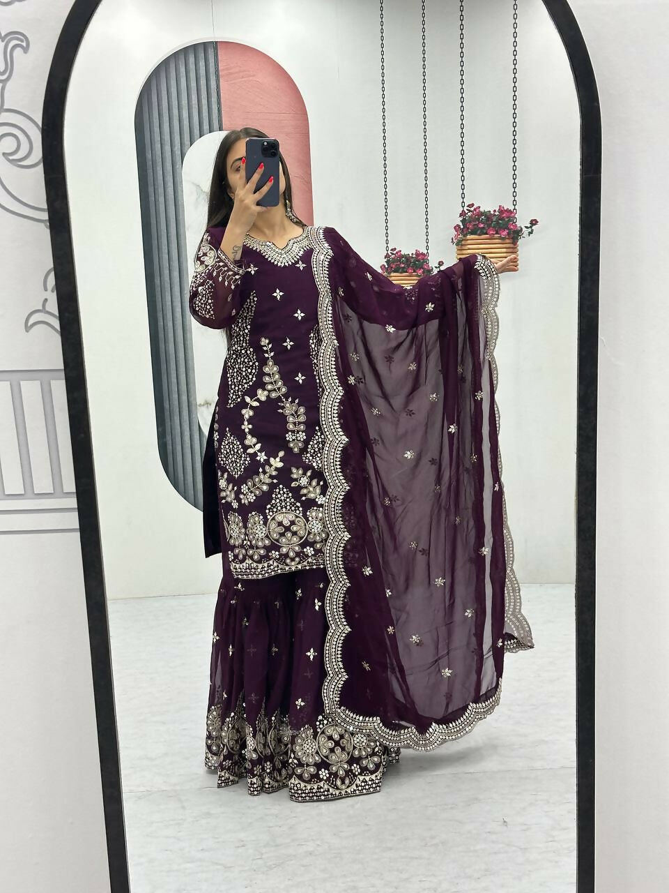 Teeya Creation Womens New Heavy Fox Georgette Fabric With Heavy Embroidery Work Wine Kurta Set