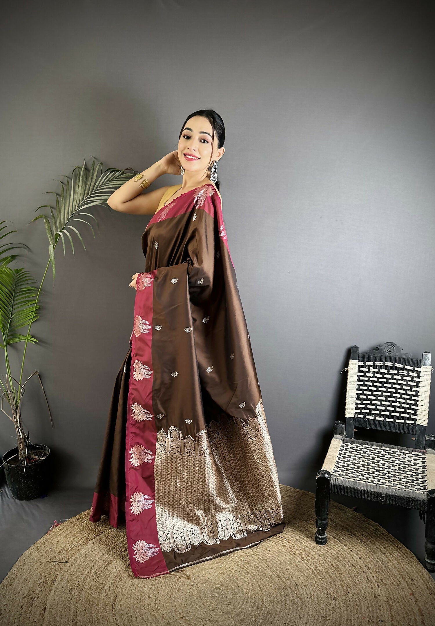 Joban Fashion Brown Small Butti Soft Silk Banarasi Saree