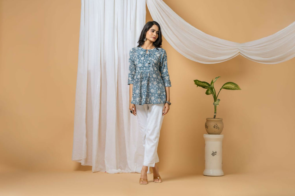 Joban Fashion Blue Floral Hand Block Printed Cotton Co-Ord Set
