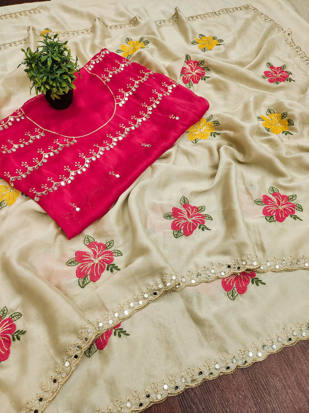 Teeya Creation Cream Rangoli Silk Embroidery Work Party Wear Designer Saree