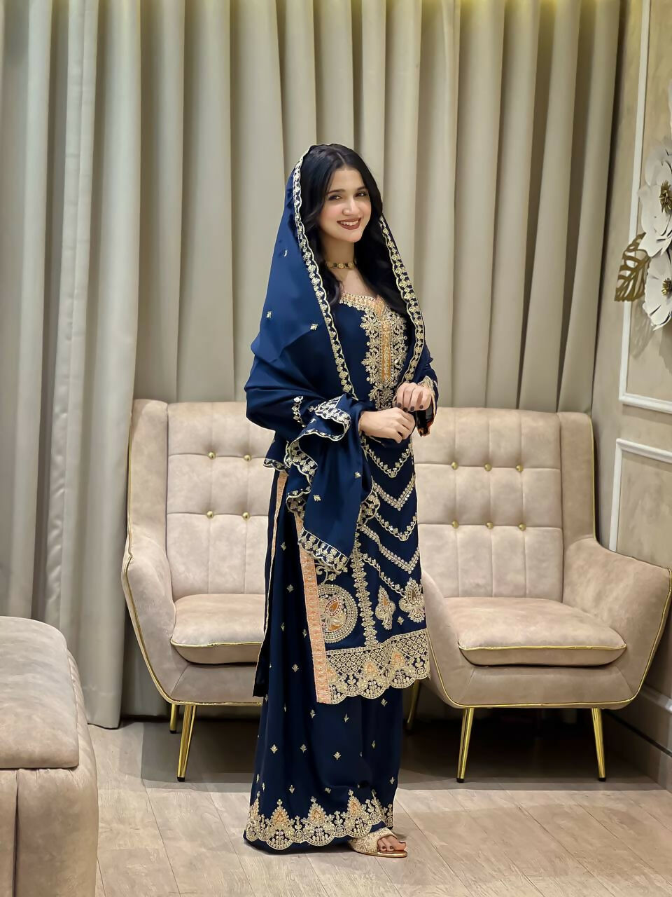 Teeya Creation Blue Color Chinon Silk Party Wear Trending Palazzo Set