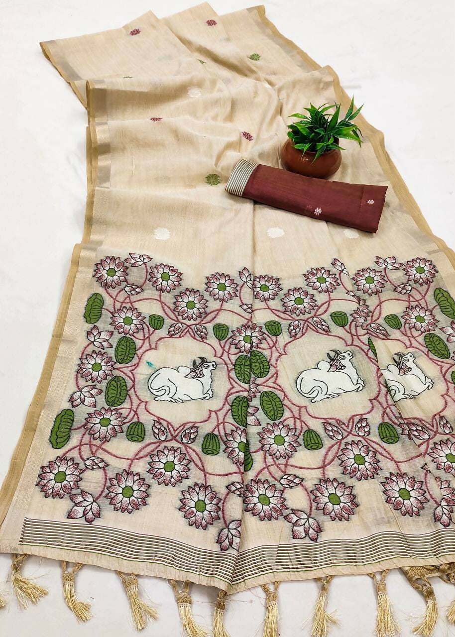 Vastranavya Cream Muga Cotton Meenakari & Azarakh Pallu Saree with Contrast Blouse