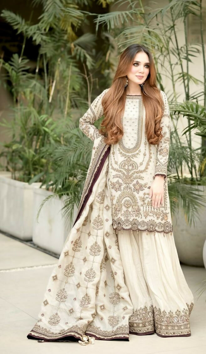 Teeya Creation White Faux georgette Designer heavy work Wedding Wear Palazzo pair