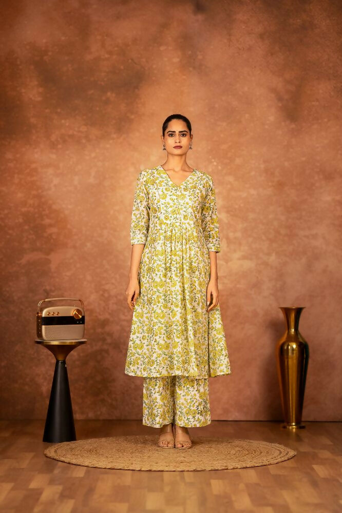 Joban Fashion Yellow Hand Block Printed Cotton Suit Set