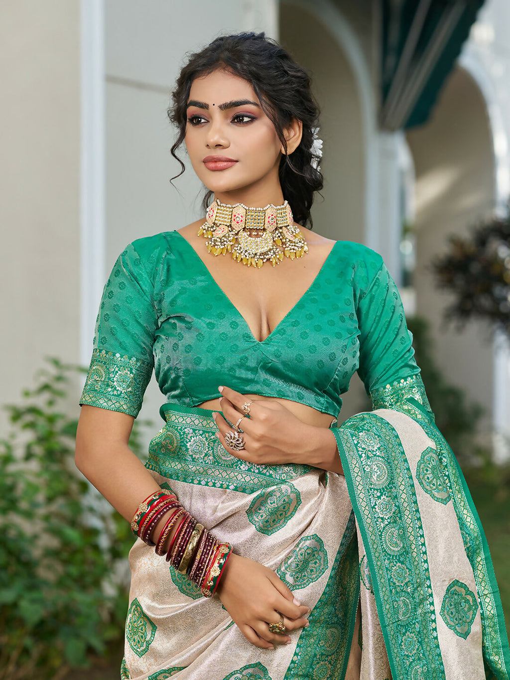 Shree Shyam Fashion Cream With Sea Green Silk Blend Saree