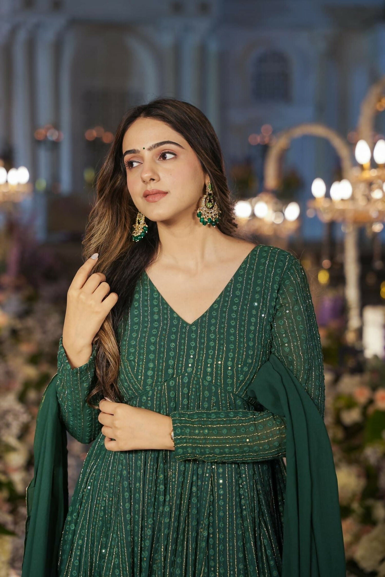 Aayaa Designer Embroidery Zari Sequins Work Faux Blooming Georgette Suit - Green