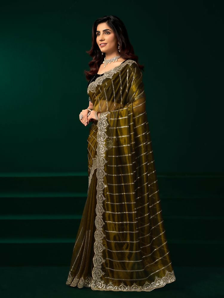 Joban Fashion Mehendi Green Net Party Wear Sarees