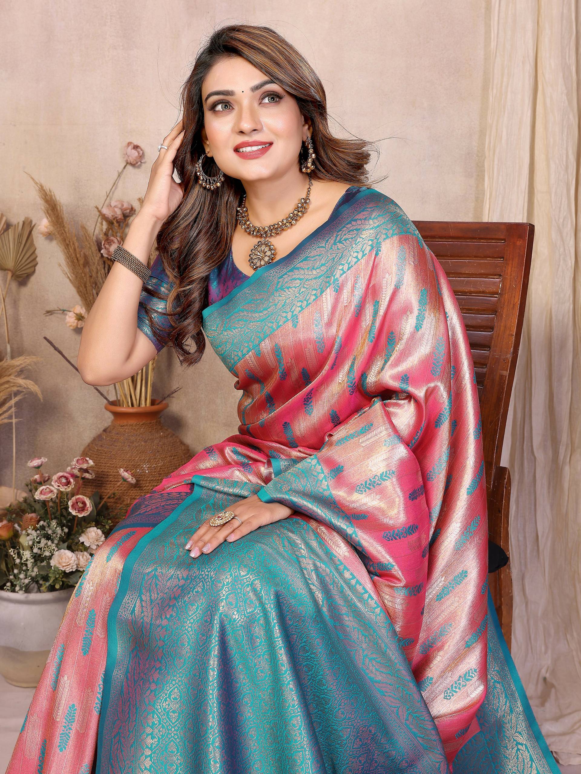 Aastha Fashion Pink Tissue Silk Paithani Woven Saree