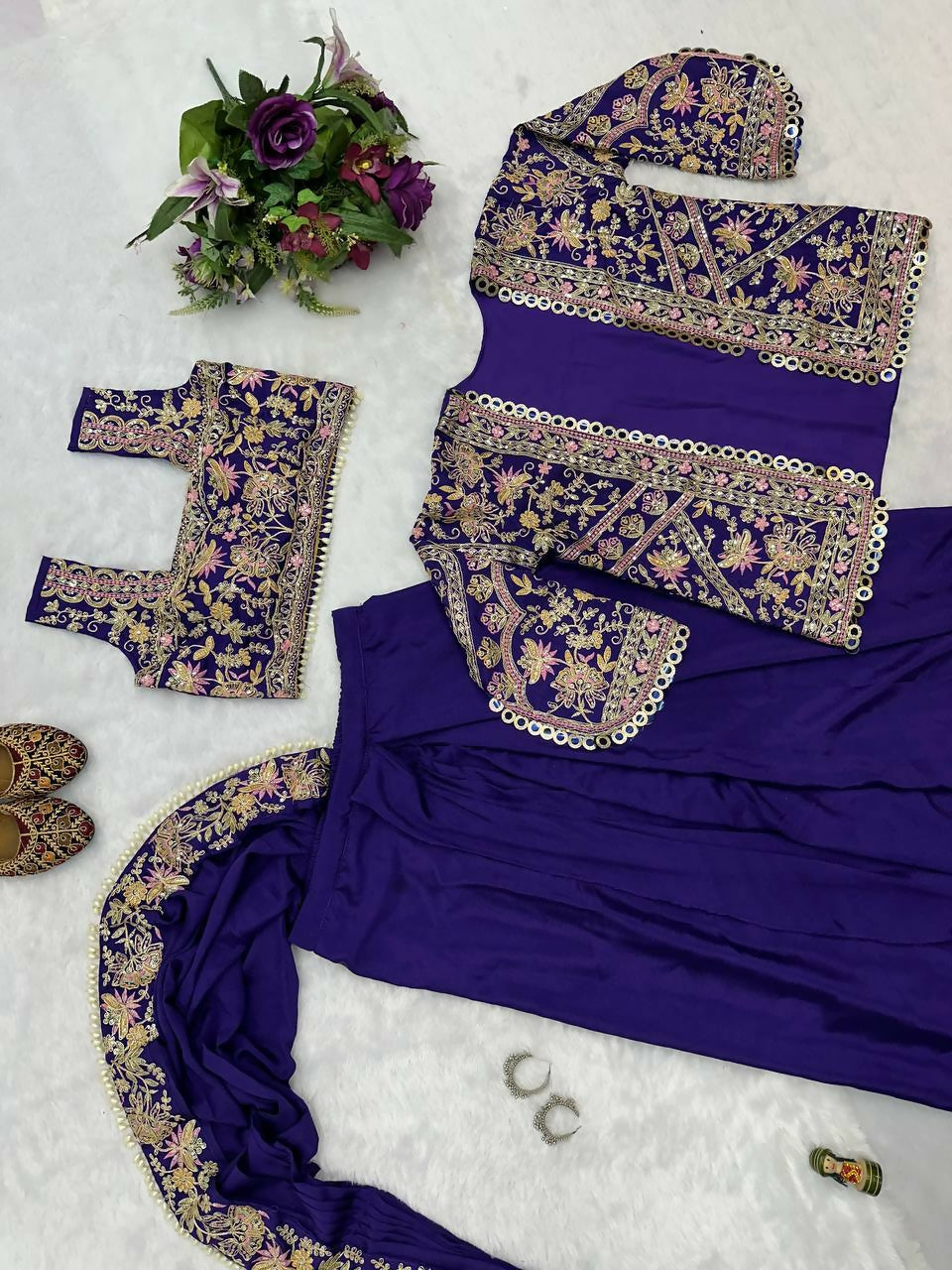 Teeya Creation Purple Color Chinon Silk Embroidery Work Ready To Wear Party Wear Saree With Koti