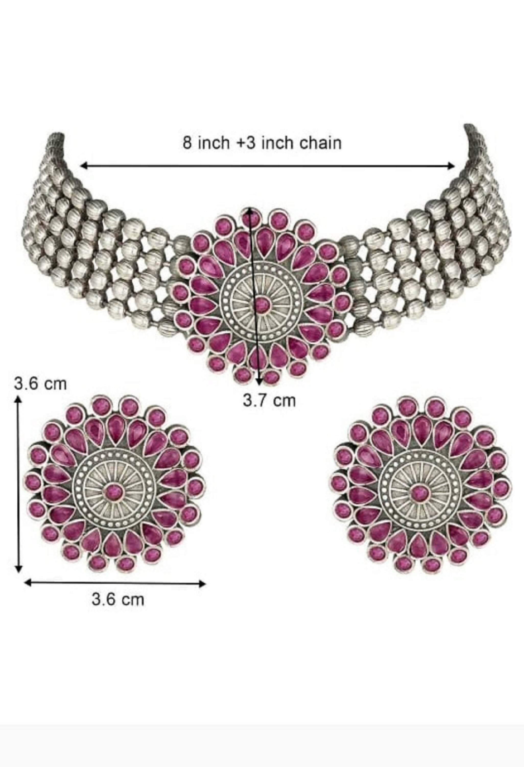 Mominos Fashion Johar Kamal Oxidised Silver-Plated Brass Finish Kundan Choker For Women (Pink)