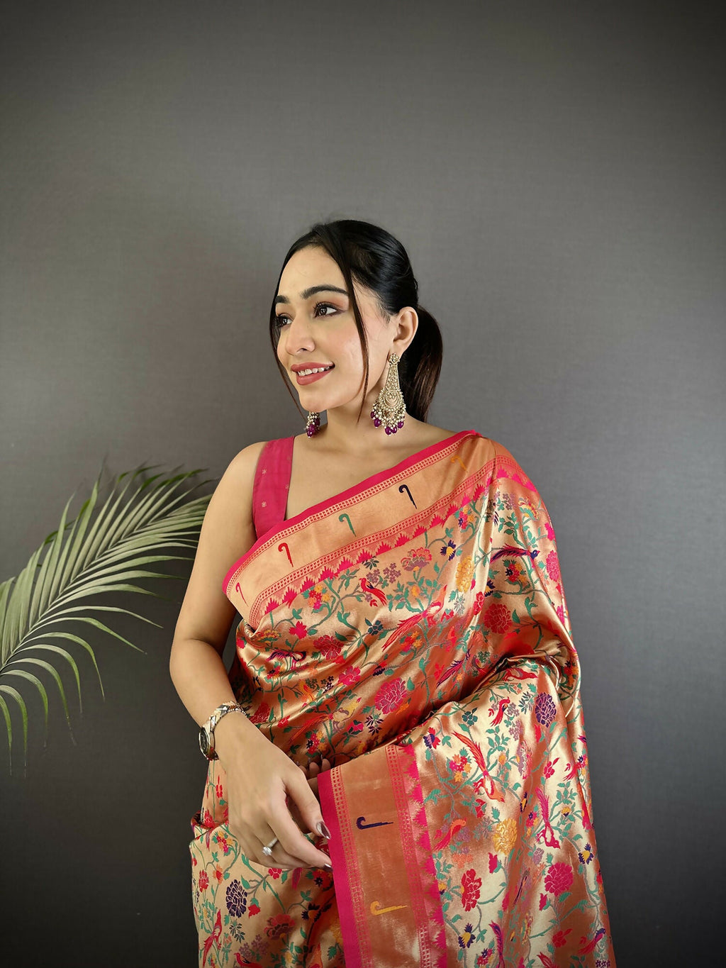 Joban Fashion Rani Pink Floral & Leaf Designs Soft Silk Paithani Saree