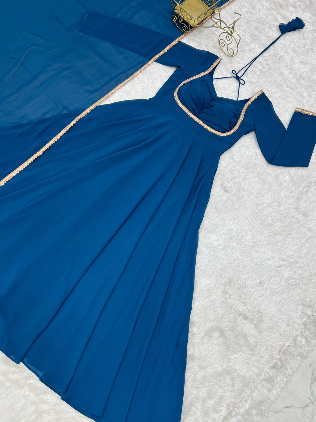 Evanik Teal Georgette Plain Fully Flair Gown Dupatta