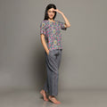 Breathables Women Cotton Printed Loungewear Kurta And Pants Co-Ord Set With Crop Top Grey I Nightwear