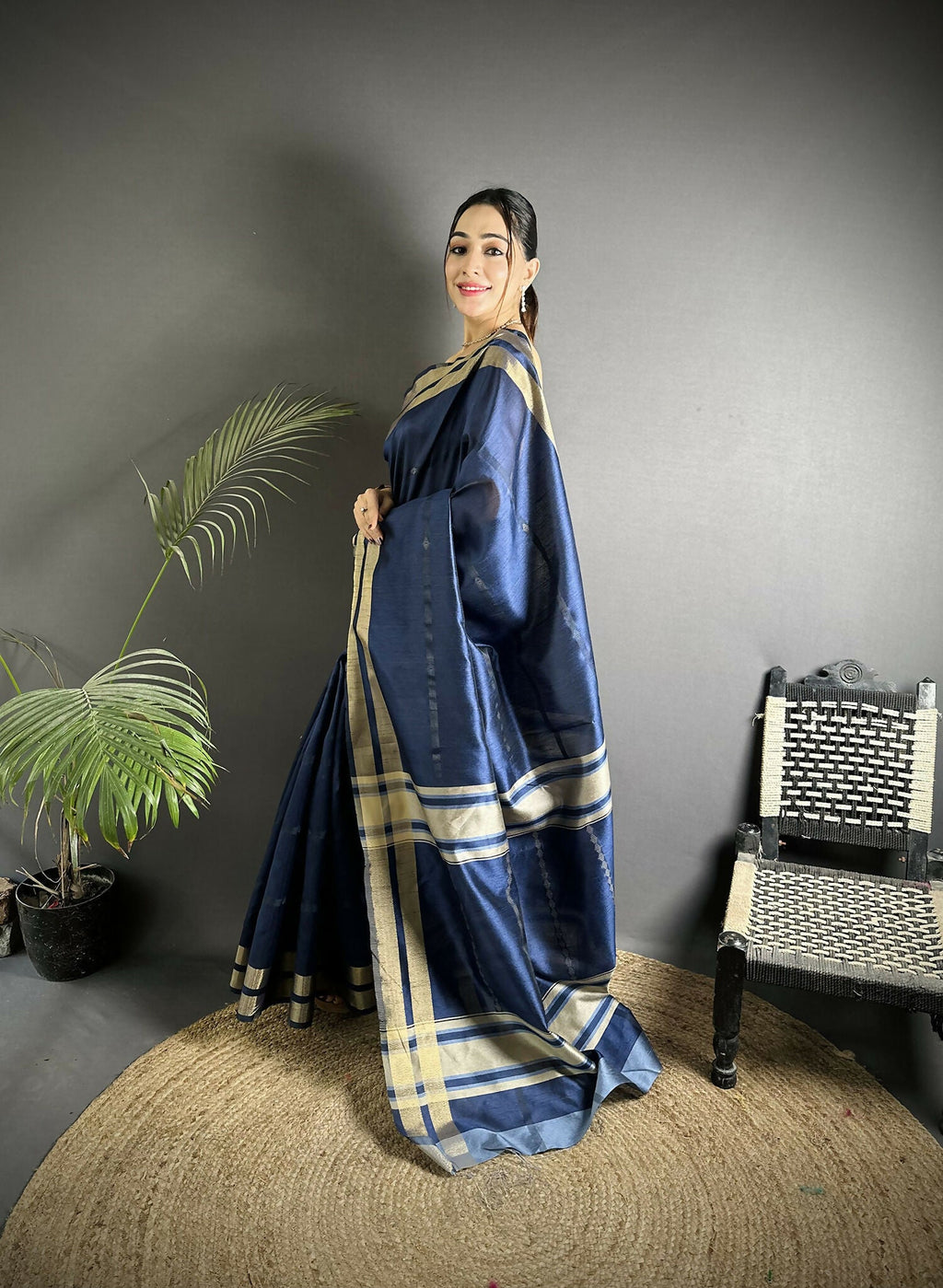 Joban Fashion Navy Blue Woven Pattern Raw Silk Kanjivaram Silk Saree
