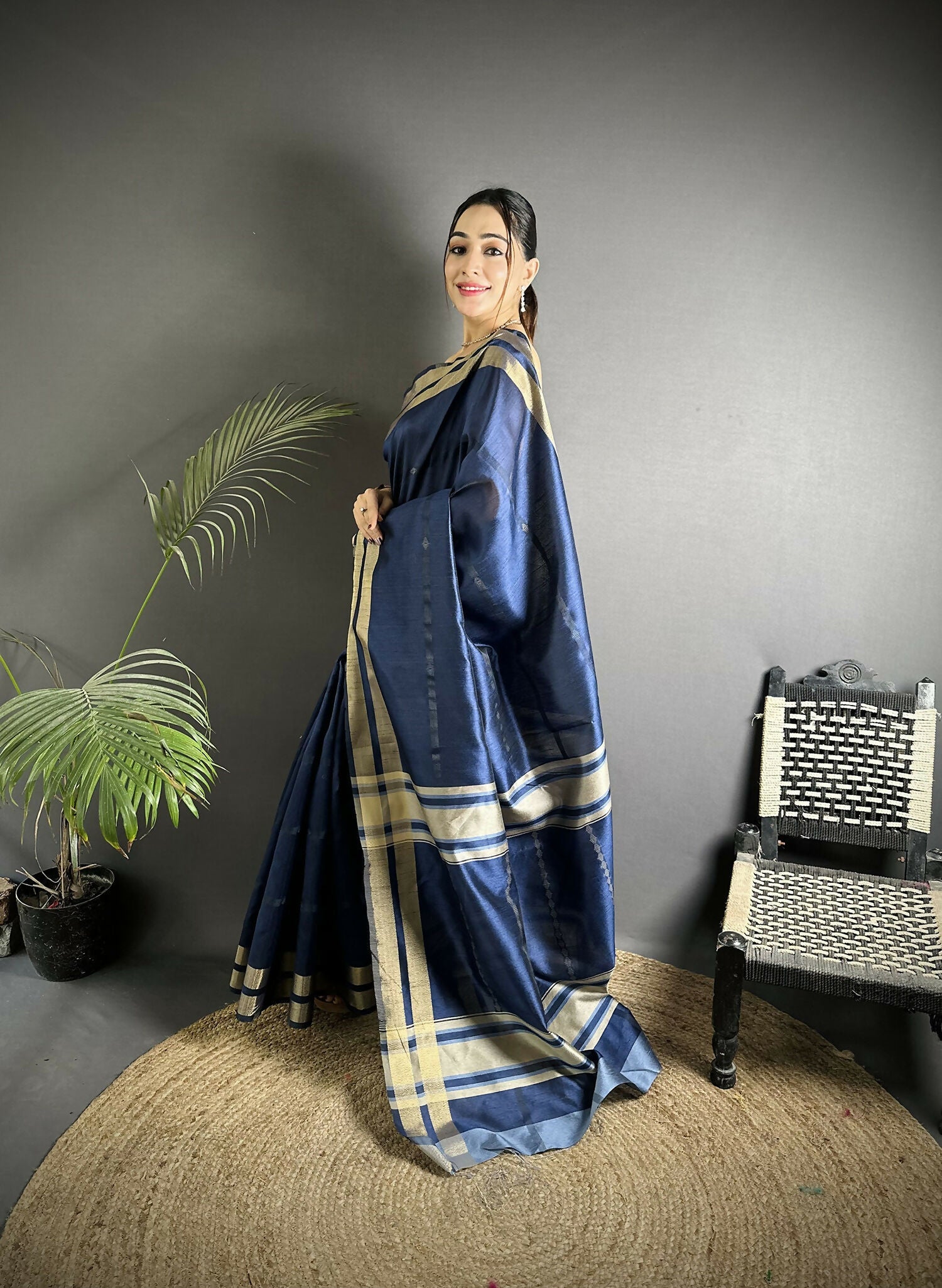 Joban Fashion Navy Blue Woven Pattern Raw Silk Kanjivaram Silk Saree