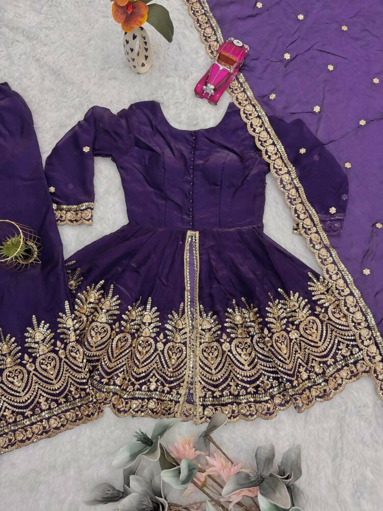 Teeya Creation Purple Color Fendy Satin Silk Embroidery Work party Wear Salwar Suit
