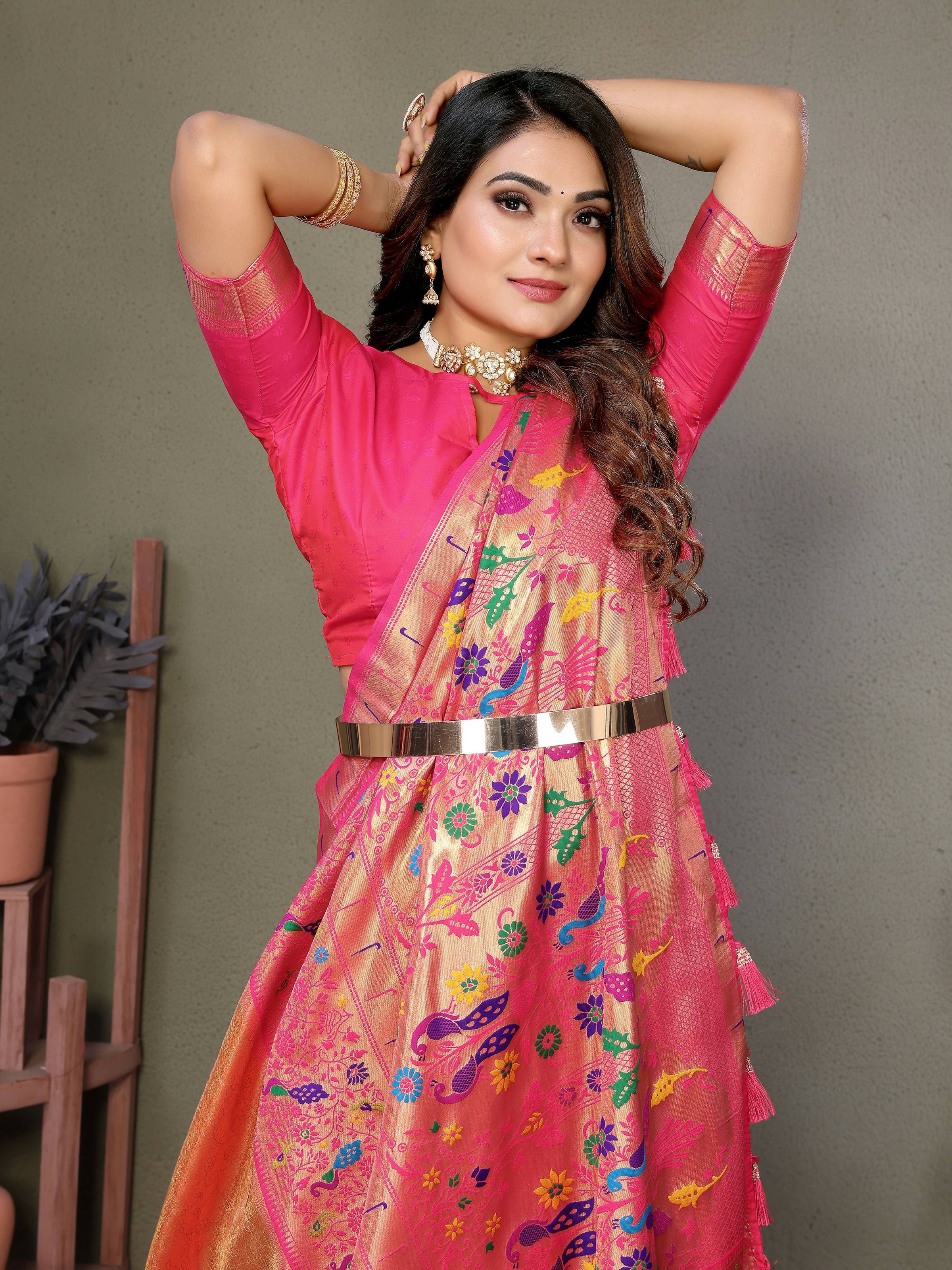 Aastha Fashion Orange Tissue Silk Paithani Woven Saree